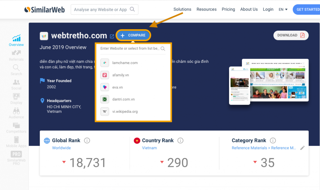 Công cụ Similarweb dùng để xem traffic của website
